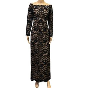 Victor Costa Black Lace Overlay Illusion Off Shoulder Long Sleeve Gown Dress 18